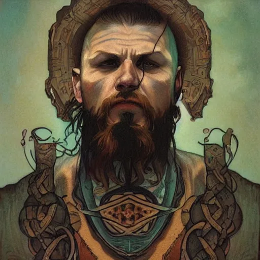 Image similar to portrait of tattooed Slavic Viking priest by Anato Finnstark, Alphonse Mucha, and Greg Rutkowski