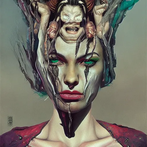 Prompt: portrait portrait face head eyes scream Razorpunk the wailing banshee priestess lady trumpets your name and bursts your eardrums with her sonic assault lucian freud charlie bowater ross tran greg rutkowski greg danton jonas de ro jim mahfood victor brauner ilya repin giorgio de chirico giotto leonardo da vinc oil painting