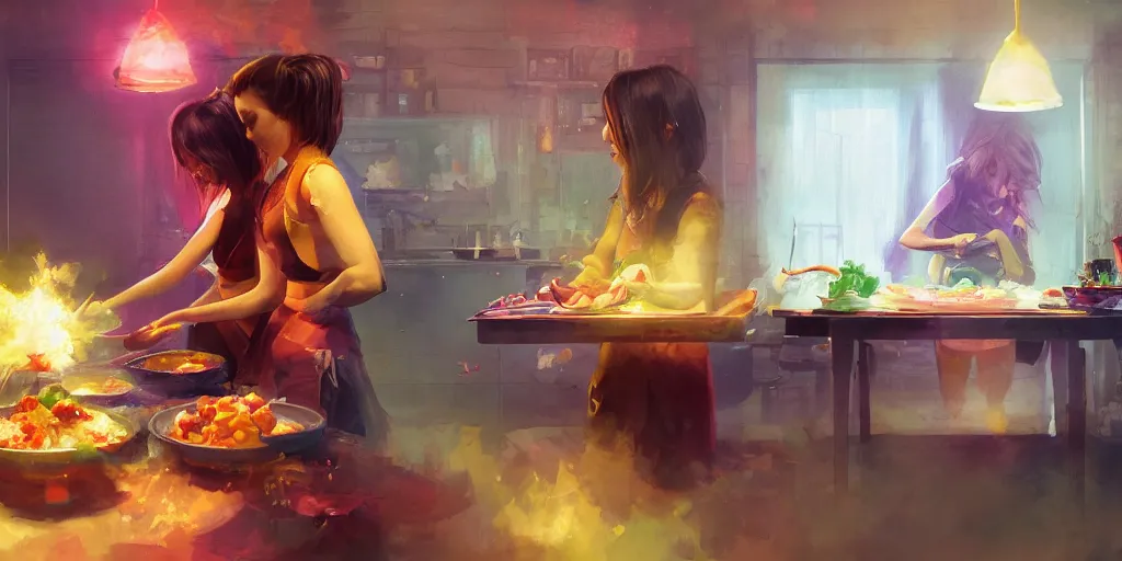 Image similar to two girls cooking, colorful, contrast, 3 d scene, greg rutkowski, zabrocki, karlkka, jayison devadas, trending on artstation, 8 k, ultra wide angle, zenith view, pincushion lens effect