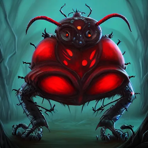 Prompt: ladybug as a monster boss, fantasy art style, scary atmosphere, nightmare - like dream