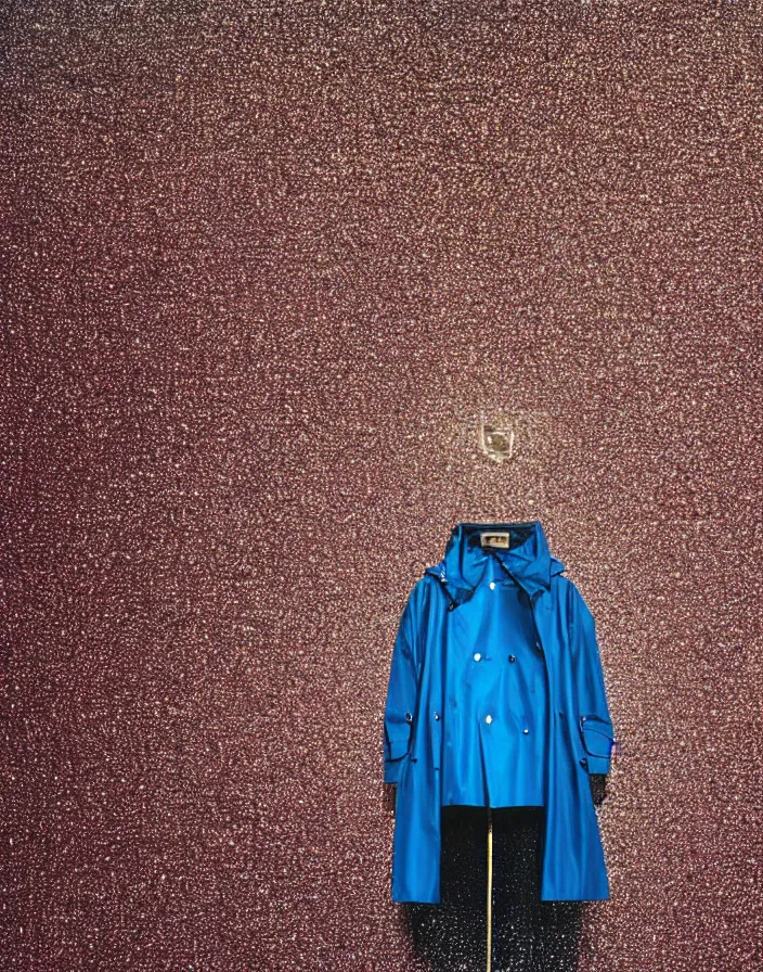 Image similar to close - up portrait of an empty slick fashionable zara raincoat floating suspended mid - air on a glittering wet rainy display designed by james terrell, wes anderson, felipe pantone, symmetry, rule of thirds