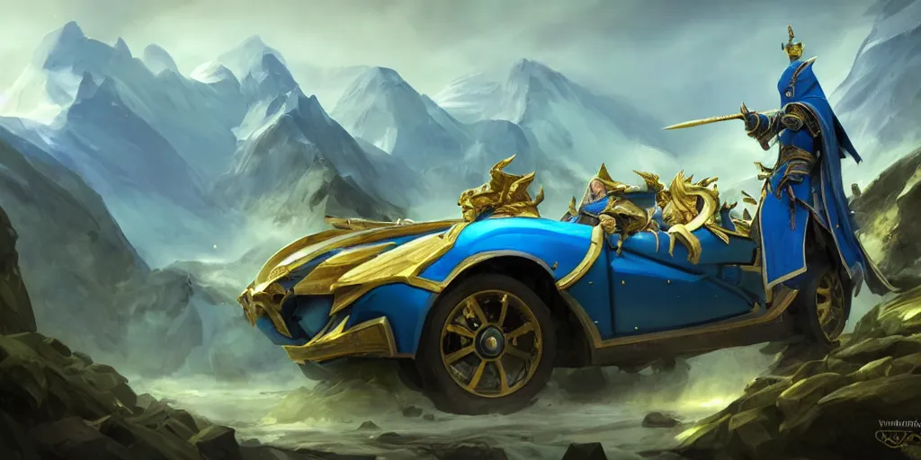 Prompt: wide angle, blue knight with gold sword, driving green hatchback car, glacier landscape, norway, D&D, fantasy, intricate, elegant, highly detailed, action pose, digital painting, artstation, octane render, concept art, matte, sharp focus, illustration, hearthstone, art by Artgerm and Greg Rutkowski and Alphonse Mucha