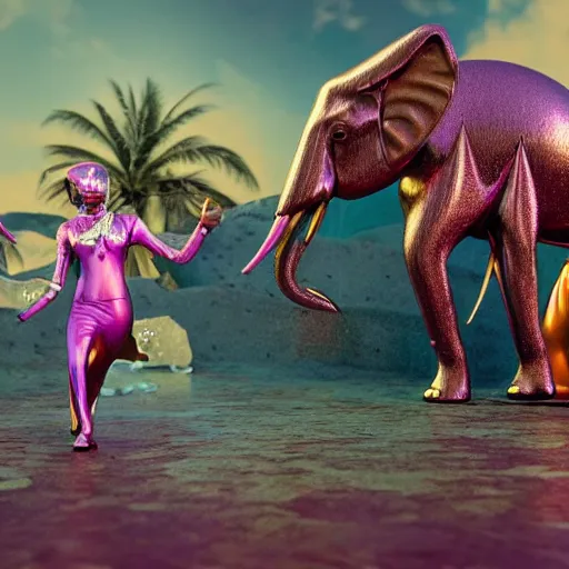 Image similar to 1 9 7 0's bollywood movie octane render, weta digital, cinema 4 d, an elephant wearing a silver latex suit and an iridescent metal helmet surrounded by women dancing in colorful flowing intricate dresses on a tropical alien planet