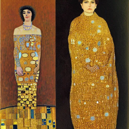 Image similar to a portrait of feminine benjamin netanyahu in gold garbs and jewels, by gustave klimt