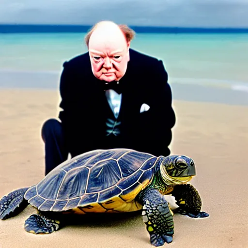 Prompt: An aghast Winston Churchill discovers the first turtle ever in Galapagos, national geographic, BBC, XF IQ4, f/1.4, ISO 200, 1/160s, 8K, RAW, unedited