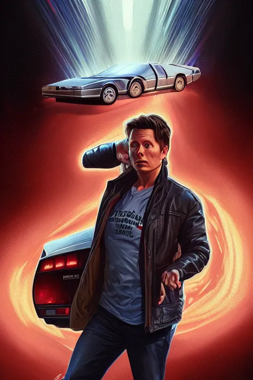 Image similar to elon musk as marty mcfly near delorean, realistic portrait, symmetrical, highly detailed, digital painting, artstation, concept art, smooth, sharp focus, illustration, cinematic lighting, art by artgerm and greg rutkowski and alphonse mucha