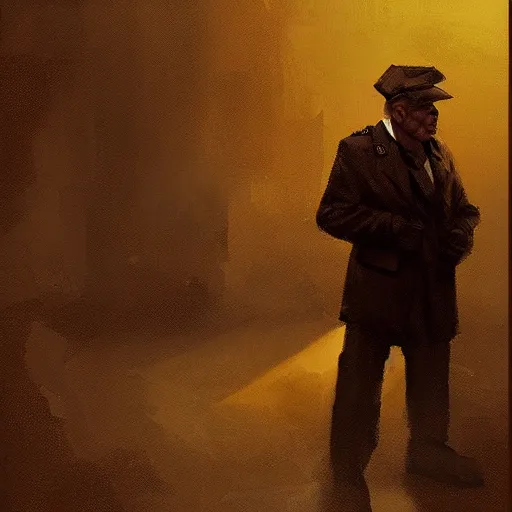 Image similar to A oldman wearing a comunist uniform looking to the camera, artwork by Craig Mullins, portrait, black background, candle lights, trending on artstation, dramatic cinematic light