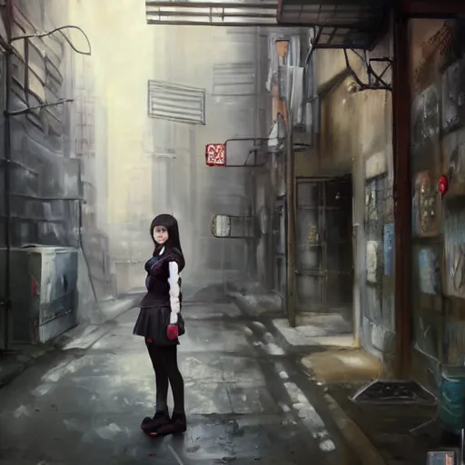 Image similar to a perfect, realistic professional oil painting of a Japanese schoolgirl posing in a dystopian alleyway, style of Marvel, full length, by a professional American senior artist on ArtStation, a high-quality hollywood-style concept