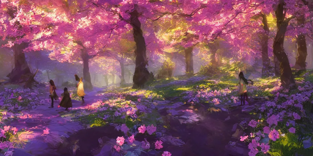 Image similar to spiritual journey through an infinite glowing colorful magical forest, sakura trees, sakura season dynamic lighting, landscape, artwork by jeremy lipkin and giuseppe dangelico pino and michael garmash and rob rey and greg manchess and huang guangjian and makoto shinkai, pixiv, 1 0 0 mm