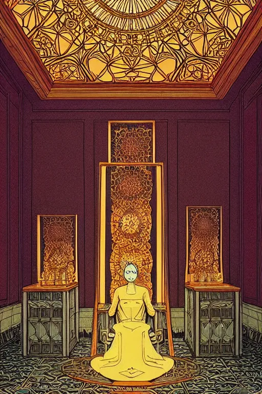 Prompt: intense wiccan cover art bakground geometrical glass in the throne room intricate elegant highly detailed artstation concept art illustration art by wes anderson and hasui kawase and scott listfield