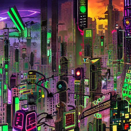 Prompt: cyberpunk city, in the style of roberto matta