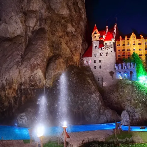 Image similar to dracula castle transylvania waterpark, night, lightning