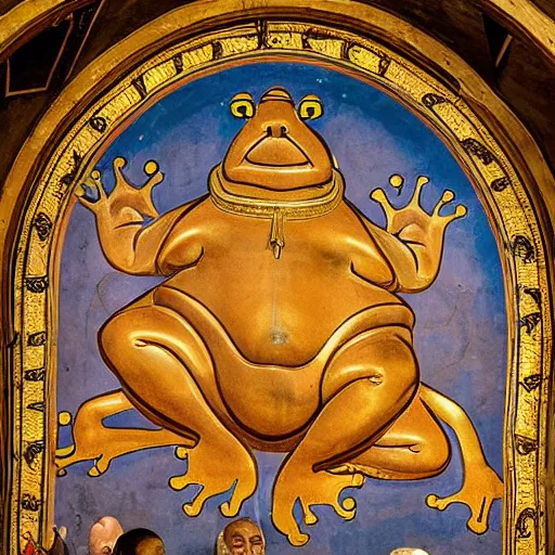 Image similar to people worship a huge statue of a golden frog, frescoes style, religion, bible