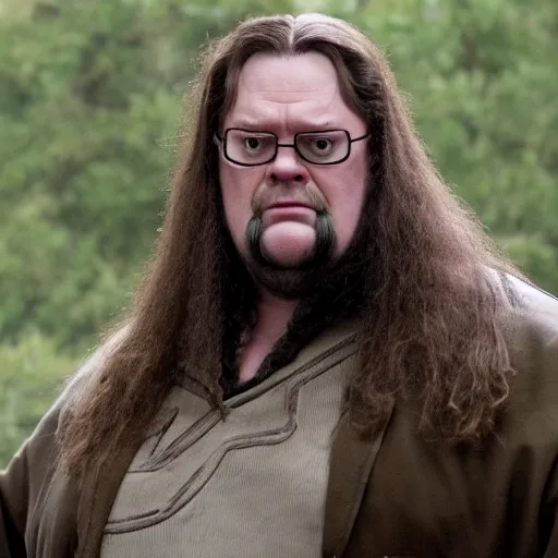 Prompt: dwight schrute playing hagrid in a harry potter movie