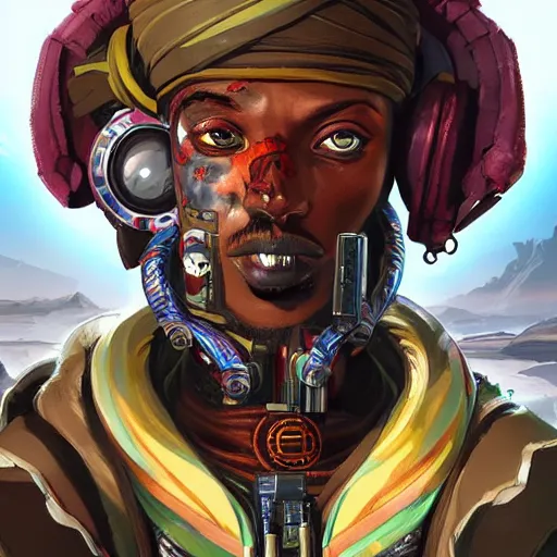 Prompt: a menacing somali space pirate with ruby eyes, Apex Legends character digital illustration portrait design, by android jones, detailed, cinematic lighting, wide angle action dynamic portrait