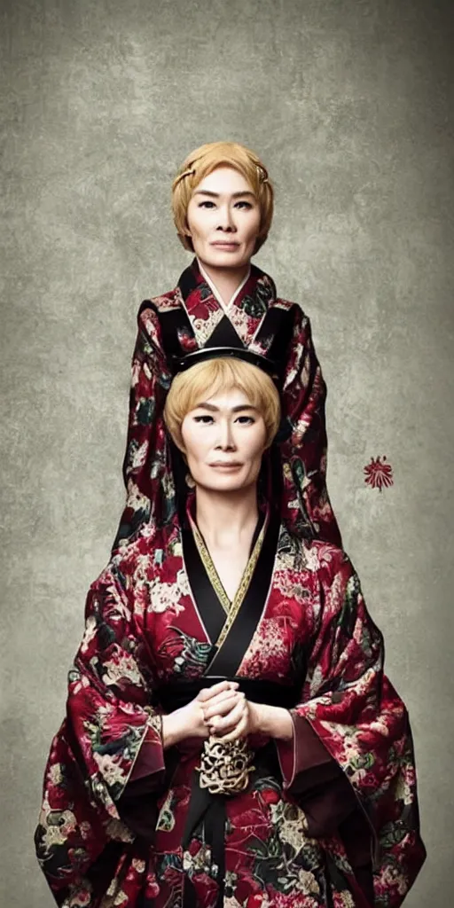 Image similar to cersei lannister japanese ukyo style, she is wearing a kimono, rice paper