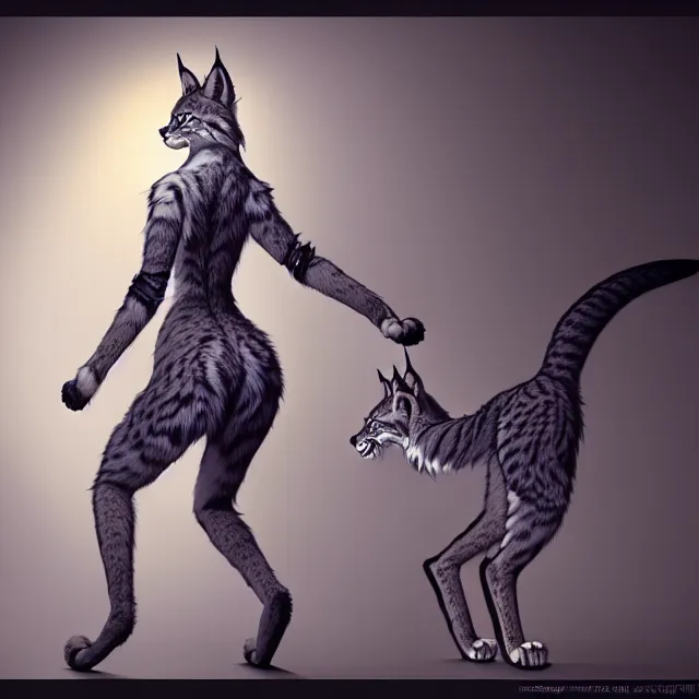 Image similar to the full body of anthropomorphic lynx fursona from behind wearing a steampunk suit as unimaginably beautiful, gorgeous, elegant, young woman with lynx head and paw pads, an ultrafine hyperdetailed illustration by furaffinity, intricate linework, white fur, unreal engine 5 highly rendered, global illumination, radiant light, detailed and intricate environment