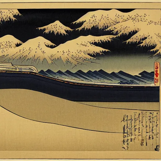 Image similar to train, painting by hokusai