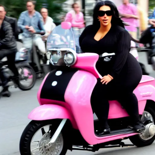 Prompt: a paparazzi photo of extremely obese Kim Kardashian riding a pink moped, her mouth is wide open, award winning