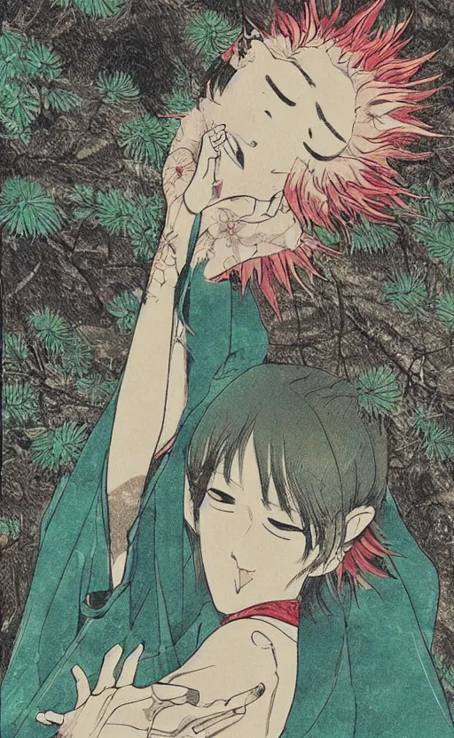 Prompt: by akio watanabe, manga art, dirt and japanese pines, trading card front, kimono, realistic anatomy, sun in the background