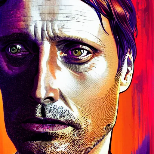 Prompt: Close-up portrait of Mads Mikkelson, Joshua Middleton artwork, dramatic backlighting, golden hour, autochrome, high contrast, highly detailed, sharp focus, digital painting, concept art, illustration, cyberpunk, solarpunk, trending on artstation, art by Phil Noto and Alex Toth, composition by alphonse mucha