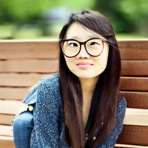 Prompt: portrait of a cute round faced long haired asian girl with round glasses sitting on a bench in a park - n 4