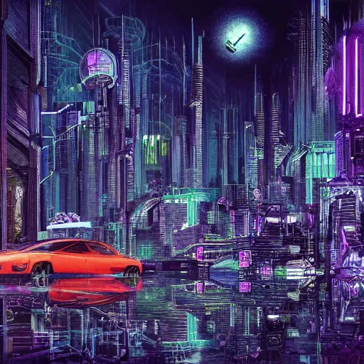 Image similar to ultra detailed gothic cyberpunk cityscape with cars, floating bike, high rise tower, neon atmospheric lighting, people in futuristic getup, by jean giraud - w 1 2 1 6