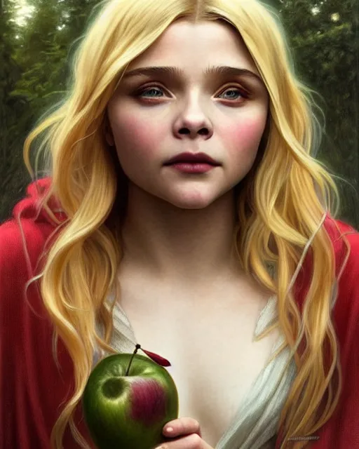 young mage chloe grace moretz holing an apple, blonde | Stable Diffusion