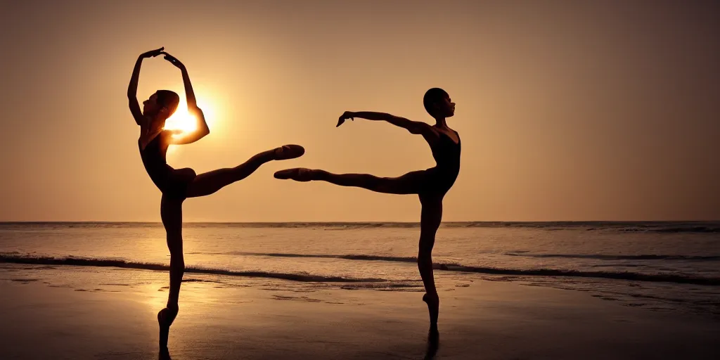 Prompt: a beautiful ballet dancer on a beach at sunrise, cinematic angle, studio Ghibli, volumetric lighting, breathtaking, beautiful composition, intricate, elegant, digital art, detailed, oil painting, hyperrealistic, sharp focus, 8k