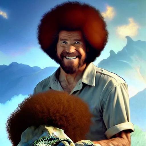 Image similar to bob ross!!! riding!!! a dinosaur!!, giant afro!, model pose, ultra realistic, concept art, intricate details, highly detailed, photorealistic, octane render, 8 k, unreal engine. art by artgerm and greg rutkowski and alphonse mucha