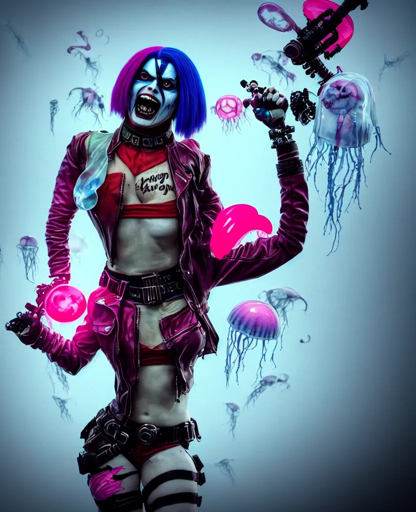 Image similar to Regan (The Exorcist) as Harley Quin (The Suicide Squad), epic angle and pose, symmetrical artwork, 3d with depth of field, blurred background, cybernetic jellyfish female face skull phoenix bird, translucent, nautilus, energy flows of water and fire. a highly detailed epic cinematic concept art CG render. made in Maya, Blender and Photoshop, octane render, excellent composition, cinematic dystopian brutalist atmosphere, dynamic dramatic cinematic lighting, aesthetic, very inspirational, arthouse, Greg Rutkowski, Ilya Kuvshinov, WLOP, Stanley Artgerm Lau, Ruan Jia and Fenghua Zhong