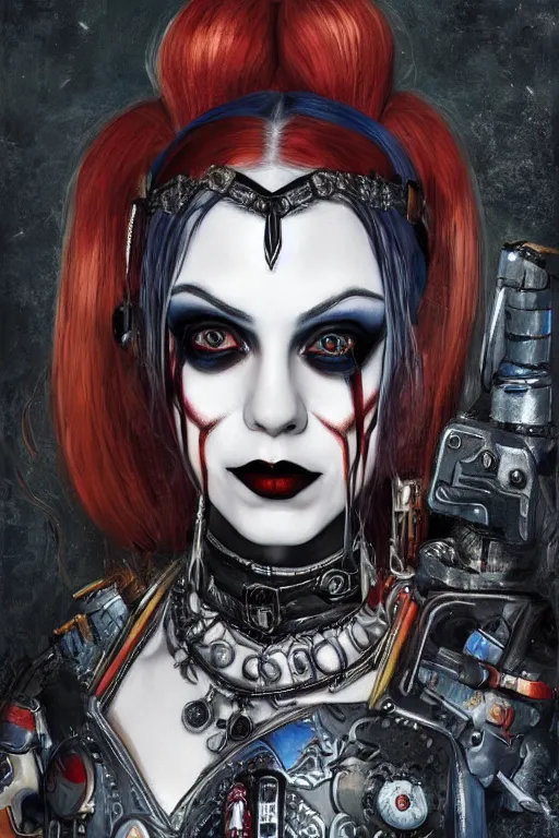 Image similar to portrait of beautiful gothic Harley Quinn, cyberpunk, Warhammer, highly detailed, artstation, illustration, art by Gustav Klimt