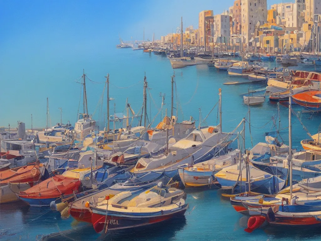 Image similar to A detailed oil painting of the beautiful port of Tel Aviv, harbour, boats, in the style of Michiel Schrijver, isometric, pastel colors
