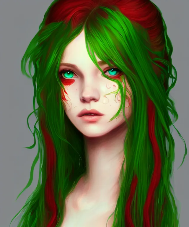 Prompt: Fae teenage girl, portrait, long red hair, green highlights, fantasy, intricate, elegant, highly detailed, artstation