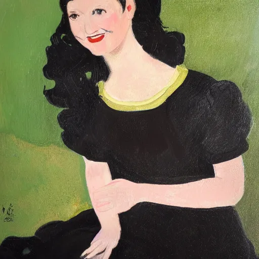 Image similar to a portrait of a young woman from the fifties, seated in front of a landscape background, her black hair is a long curly, she wears a dark green dress, pleated in the front with yellow sleeves, puts her right hand on her left hand, and smiles slightly, oil painting