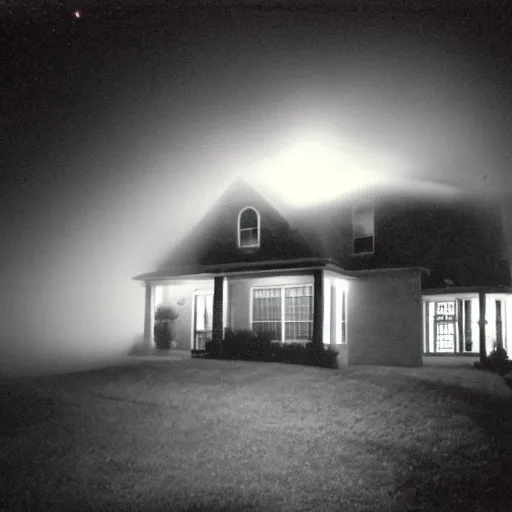 Prompt: a foggy high flash photo of a suburban home from the street at night, 2 0 0 6, taken with a disposable camera