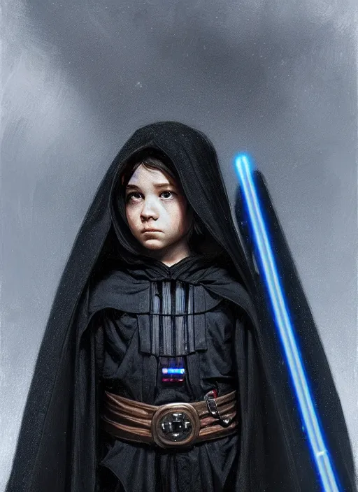 Image similar to perfectly - centered - portrait of a kid wearing black cloak holding light saber, intricate, highly detailed, digital painting, artstation, concept art, smooth, sharp focus, illustration, unreal engine 5, 8 k, art by artgerm and greg rutkowski and alphonse mucha