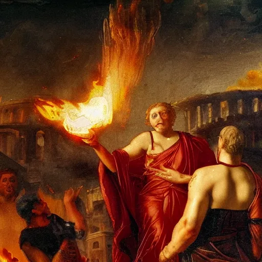 Prompt: emperor nero setting rome on fire, old master painting, ultra realistic details, 8 k