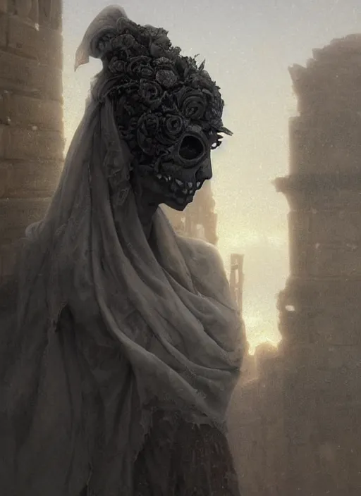 Image similar to close up of a veiled half scull mask girl on the ruins temple, looking at the camera curiously, smog on the floor, extremely beautiful and aesthetic and attractive detailed face and body, chiaroscuro, dynamic pose, fantasy illustrations, by makoto shinkai and jeremy lipking and ferdinand knab