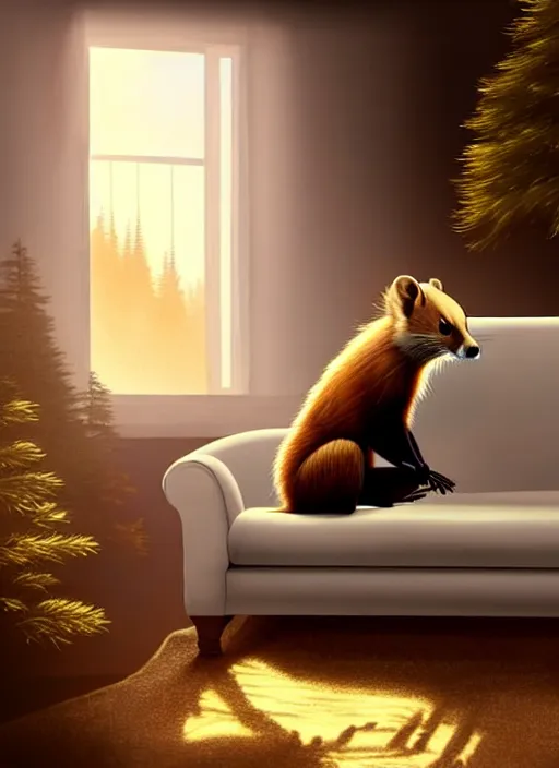 Image similar to A beautiful scene featuring a humanoid pine marten in loose white clothing reading on a couch. Golden hour. Hyperrealistic. Trending on CGSociety.