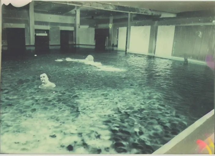 Prompt: polaroid photo of an abandoned colorful indoor water park with strange creatures lurking