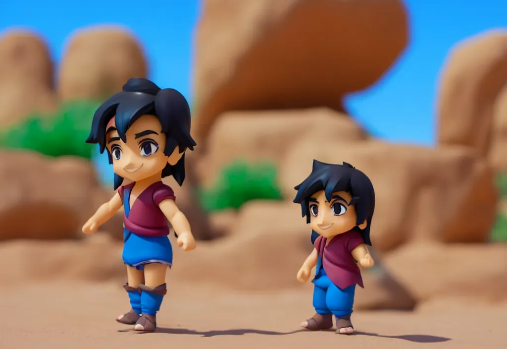 Image similar to side view of young aladdin as nendoroid running in desert village, 8 k hd dof, kodak film,