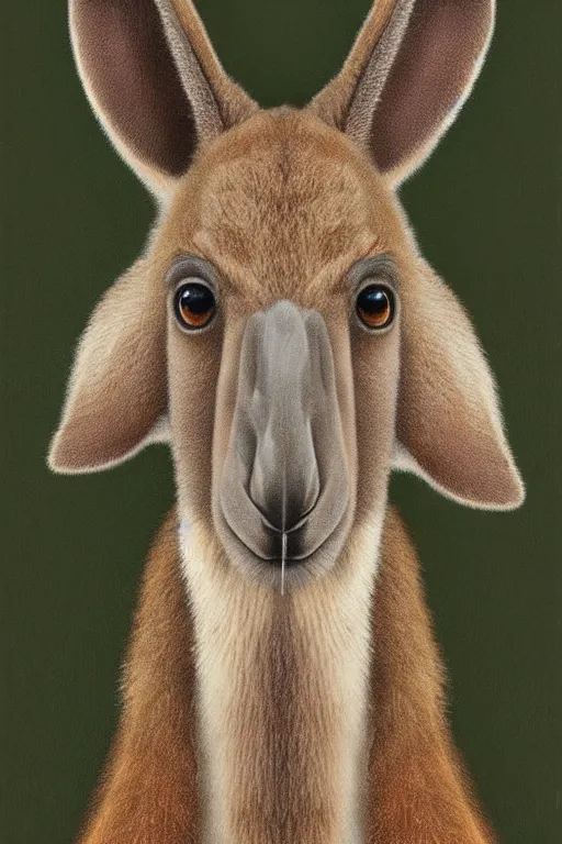Image similar to ultra realistic kangaroo face portrait in the style of grant wood