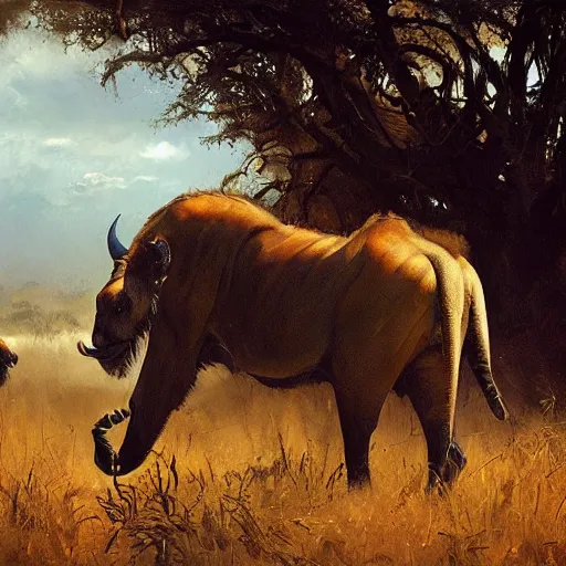 Image similar to manticor in the savanna, oil painting, by Greg Rutkowski