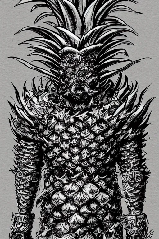 Image similar to screeching pineapple humanoid figure monster wearing themed armour, symmetrical, highly detailed, digital art, sharp focus, trending on art station, kentaro miura manga art style