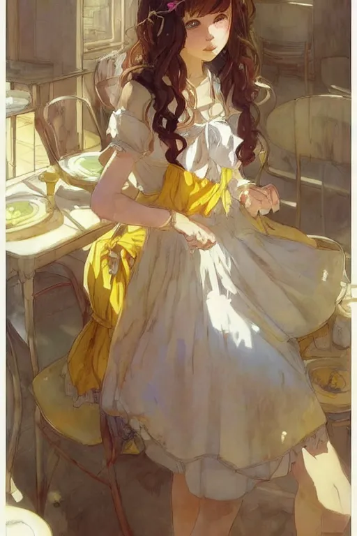 Image similar to A girl in a maid's outfit in a cafe a afternoon, wavy hair yellow theme,S line,45 angel by krenz cushart and mucha and akihito yoshida and greg rutkowski