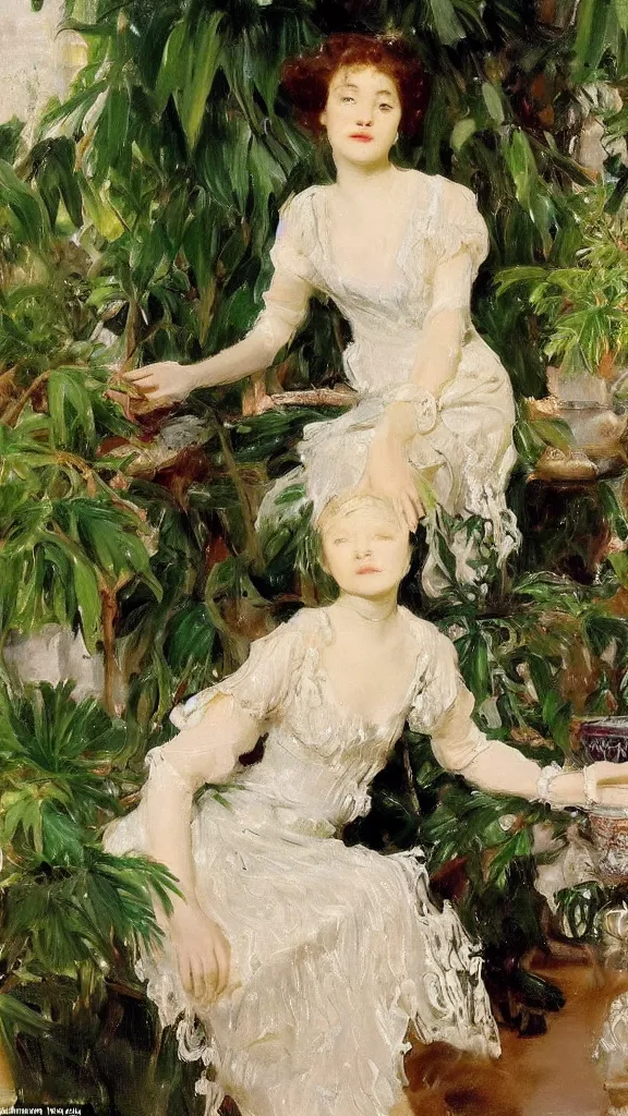 Prompt: beautiful young julee wear a lace dress in a botanical room set near a persian pot and palm treeby john singer sargent