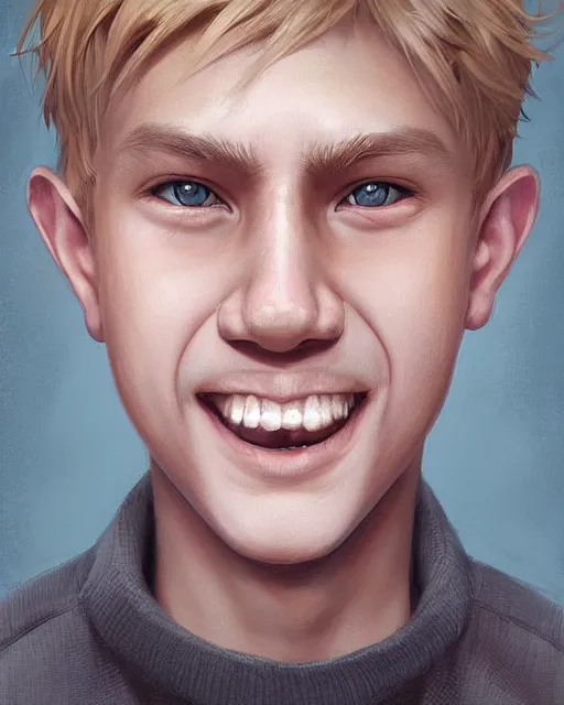 Image similar to portrait of 1 5 - year - old boy with blonde hair, round - face, smile with and slightly buck - toothed, hyper realistic face, beautiful eyes, character art, art by artgerm lau and wlop and and ilya kuvshinov and john singer sargent, hyperdetailed, symmetrical, cryengine, trending on artstation, digital art