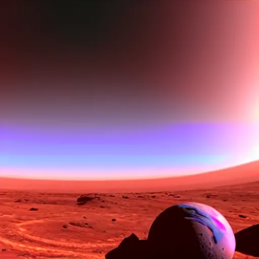 Prompt: Dr.Manhattan watching on a beautiful vibrant sunrise on mars. Volumetric light