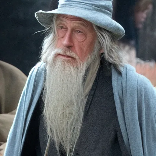 Prompt: ryan gosling dressed as gandalf waring a hat, movie frame.